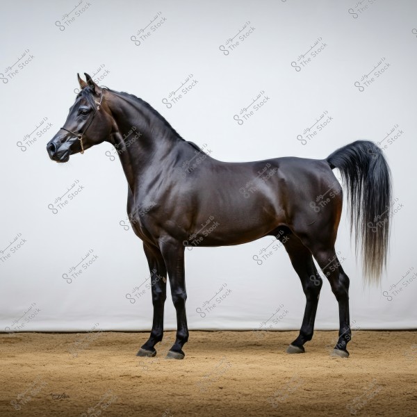 Image of a black Arabian horse standing in a side profile on sand. The horse is elegant with prominent muscles and has a long flowing tail. The background is white, highlighting the details of the horse.