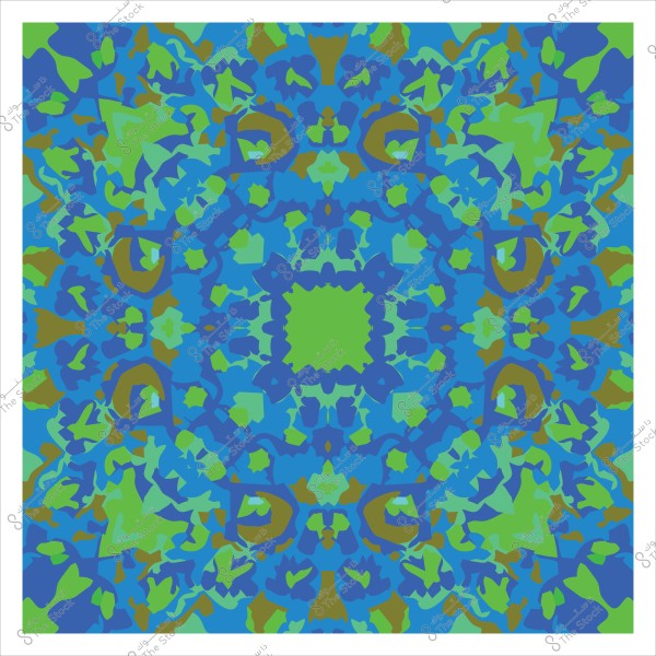 تصميم هندسي متماثل بألوان زرقاء وخضراء, يشبه الأنماط التقليدية الإسلامية المليئة بالتفاصيل الدقيقة والتماثل الدقيق.