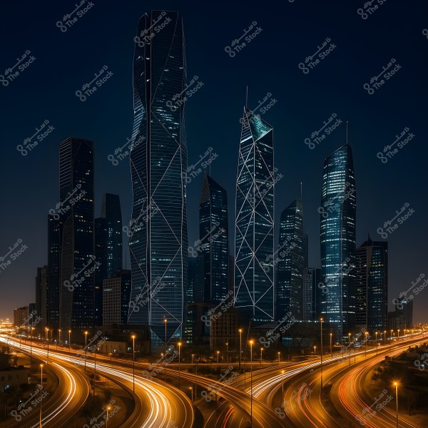 A nighttime cityscape showing a collection of modern skyscrapers illuminated with blue and white lights, highlighting their unique architectural designs. In the foreground, there are busy roads with traffic, leaving long glowing light trails across the scene, adding a dynamic feel to the image.