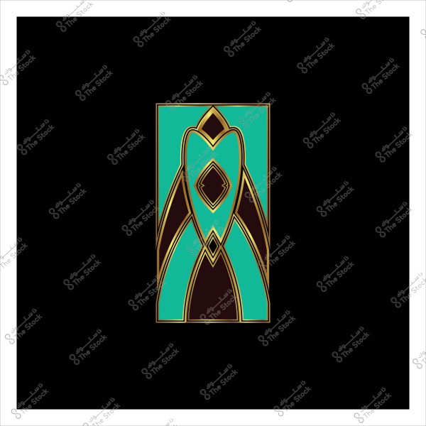 تصميم هندسي بزخارف متداخلة باللونين الفيروزي والبني مع خطوط ذهبية على خلفية سوداء.