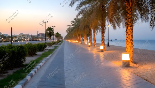 A wide promenade lined with palm trees illuminated by ground lights along a waterfront. The pathway stretches beside a calm sea, with a few small boats visible in the distance. The golden light of sunset casts a tranquil and elegant atmosphere. Residential and office buildings are seen in the distance on the left.
