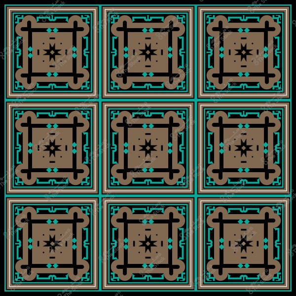 تصميم زخرفي هندسي مكون من بلاطات ملونة بألوان أزرق وأسود وبني, مرتبة بتناسق لتشكيل شكل متناسق ومكرر في نمط شبكي.