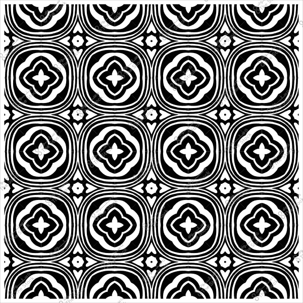 نمط أبيض وأسود يتكون من تصاميم هندسية متكررة بأشكال دائرية وزهرية في صفوف متجاورة. الأشكال تتضمن خطوطاً منحنية وأنماطًا متناظرة بداخل كل مربع, مما يخلق تأثيراً بصريًا معقدًا ومتناسقاً.\r\n\r\n-