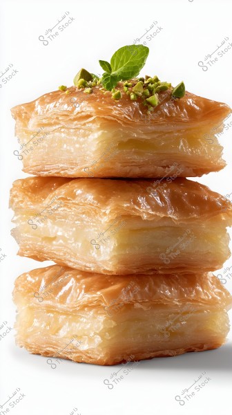An image showing a stack of baklava pieces. The top piece is garnished with crushed pistachios and a fresh mint leaf. The image highlights the thin layers of pastry and the golden honey glaze that coats the baklava, giving it an appetizing appearance.