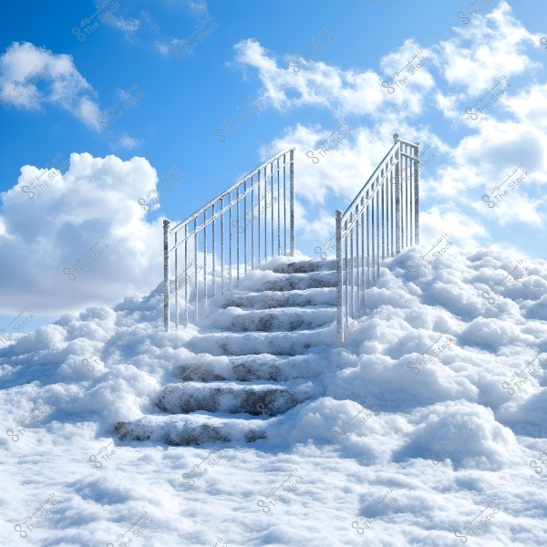 An image of a staircase that appears to be made of clouds, emerging from thick clusters of clouds under a bright blue sky. The staircase is bordered by metal railings and disappears into a clear sky with scattered clouds.