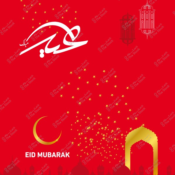 A red background with "عيد مبارك" and "Eid Mubarak" written, featuring a golden crescent, Islamic lantern motifs, and golden stars.