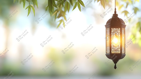Image showing a traditional Arabic lantern hanging with intricate decorative details, emitting a warm light. Green branches hang above the lantern, adding a sense of tranquility and calm. The background is blurred and bright, suggesting a daytime setting.