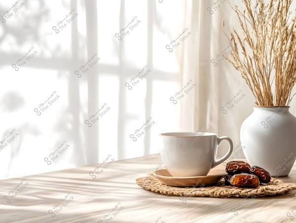 An image showing a white cup on a wooden saucer placed on a woven mat on a wooden table. Next to it, there is a white vase containing dried plants. Three dates are next to the cup. Sunlight streams in through a window, casting shadows on the table and background.