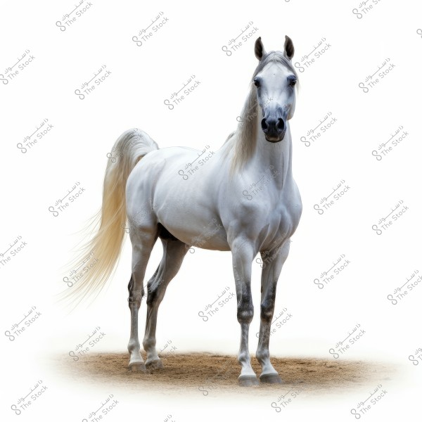 An image of a purebred Arabian horse with a white coat standing on a sandy ground. The horse is shown with a raised head and a long, flowing tail, highlighting its beauty and elegance. The background is white, emphasizing the horse\'s exquisite details.
