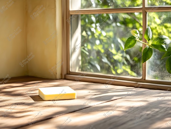A piece of butter on a wooden table near a window. Sunlight is streaming through the window, while green tree branches are visible outside the window.