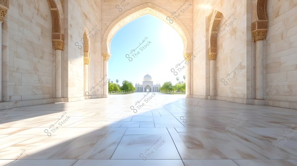 An architectural scene depicting an arched passageway made of white stone, featuring gold decorative details at the top of the columns. The passageway extends to a wide sunny courtyard leading to a structure with white domes in the background, surrounded by trees and greenery. The sunlight illuminates the area, imparting a sense of peace and tranquility.