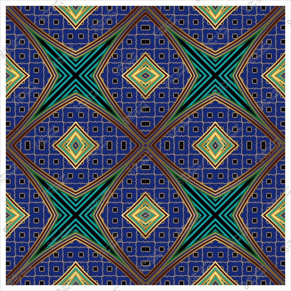 Intricate geometric pattern with blue, green, and yellow colors featuring wavy lines and repeating diamond shapes.