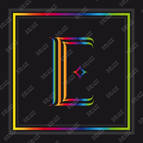 حرف "E" كبير بتصميم مميز ومتعدد الألوان على خلفية سوداء. يشمل التصميم إطارًا مستطيلاً بألوان قوس قزح وإطار داخلي أسود بداخله زخرفة ماسية بأربعة ألوان مختلفة تتوسط الحرف.

-