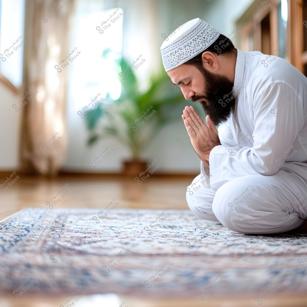 A man wearing a white thobe and an ornately patterned cap is sitting on a prayer rug in a bright room. The man is in a meditative or supplicative posture, and the room features a plant in the background with natural light coming through large windows.