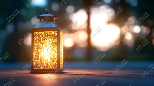 A metal lantern with intricate patterns emitting a warm glow, placed on a surface. The blurred background showcases trees and sunset lights. The lantern features complex details and an elegant design.