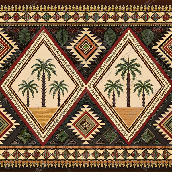 تصميم نمطي تقليدي يحتوي على أشكال هندسية ماسية مزخرفة بزخارف نباتية, بما في ذلك أشجار النخيل على خلفية صحراوية. الألوان الرئيسية هي الأحمر, الأخضر, والأسود, مع تفاصيل دقيقة وتكرار للأنماط.