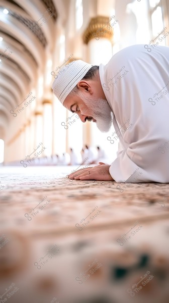 A man wearing a white robe and a round white cap is praying inside a large mosque with ornate columns and soft lighting. The focus is on the man, while the background is blurred with a row of people praying.