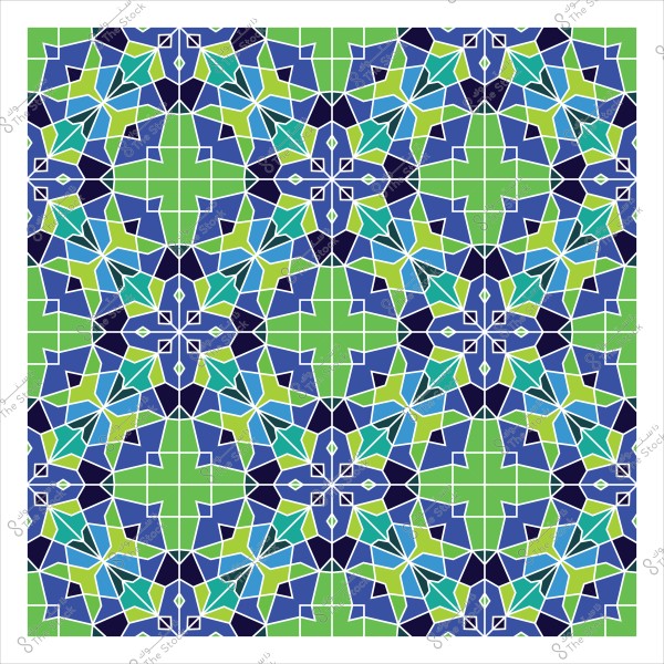 تصميم فسيفساء هندسي بألوان زرقاء وخضراء.