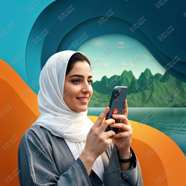 A portrait of a woman wearing a white hijab and a gray abaya, holding a smartphone and smiling. Behind her, there is a background combining natural elements like mountains and lakes with abstract designs in blue and orange colors.