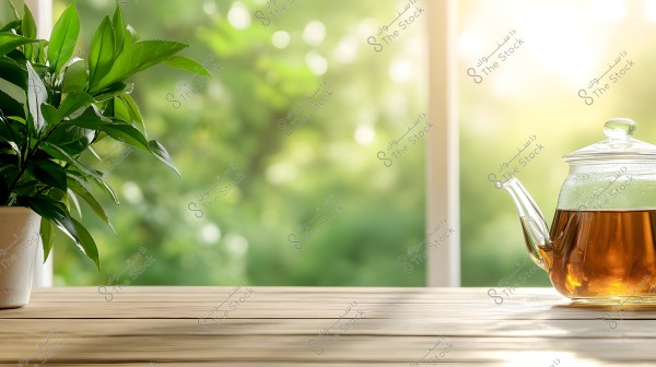 The image shows a glass teapot placed on a wooden table with a green potted plant beside it. In the background, there is a large window revealing a view of lush green trees with soft sunlight filtering through.