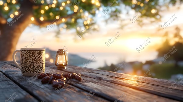 The image shows an outdoor wooden table with a cup featuring artistic patterns, alongside a lit lantern and dates. In the background, twinkling lights hang from a tree, while the sunset glows over a watery landscape.