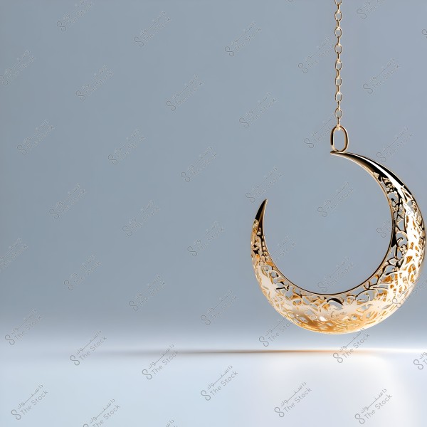 An image of a hanging crescent moon made of golden metal, intricately decorated with fine details against a smooth grey background, highlighting the shine and artistic details of the crescent.