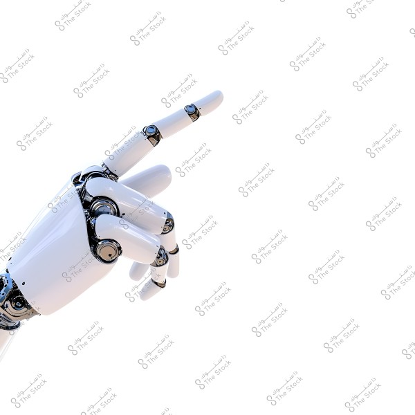 Image of a white robotic arm with metallic joints, extended in a position pointing to the right. The background is white, and the arm appears technologically advanced with intricate mechanical design details.
