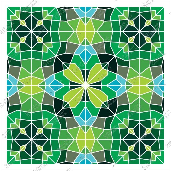 Islamic geometric design featuring a symmetrical pattern with multicolored elements displaying a repetition of floral and star shapes in shades of green and blue. The pattern is composed of white lines separating the shapes, highlighting the variety in colors.

-