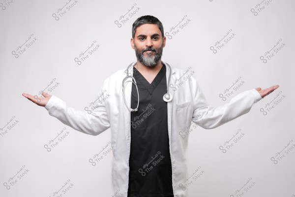 طبيب يقف مبتسماً مرتدياً معطفًا طبيًا أبيض وسماعة طبية حول عنقه, ويمد ذراعيه إلى الجانبين في إيماءة ترحيبية.