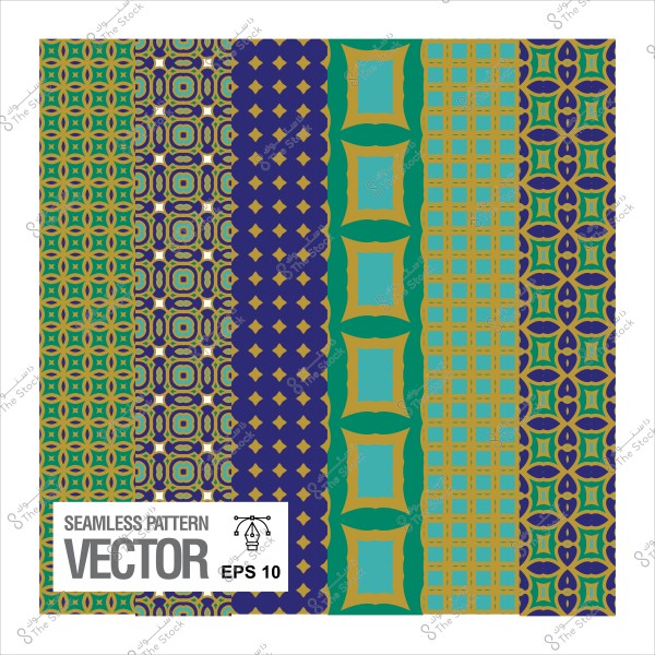 صورة لنمط زخرفي متكرر يحتوي على تصميمات هندسية بألوان متنوعة تشمل الأزرق والأخضر والذهبي.