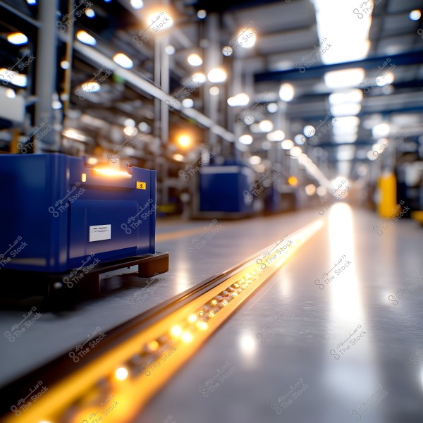 Image of a modern industrial workshop showing the factory floor illuminated by long lights extending across the path. On the left side of the image, a large blue box with an orange light is placed on wheels.