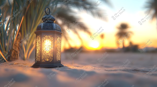 An illuminated lantern with intricate geometric designs sits on the sand in a sunset scene. Palm trees are in the background with the soft light of the setting sun creating a warm and beautiful atmosphere.