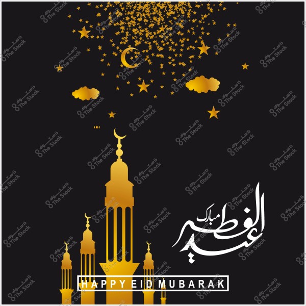 Eid al-Fitr greeting card with a gold design on a black background, featuring a crescent moon, stars, and mosque towers.