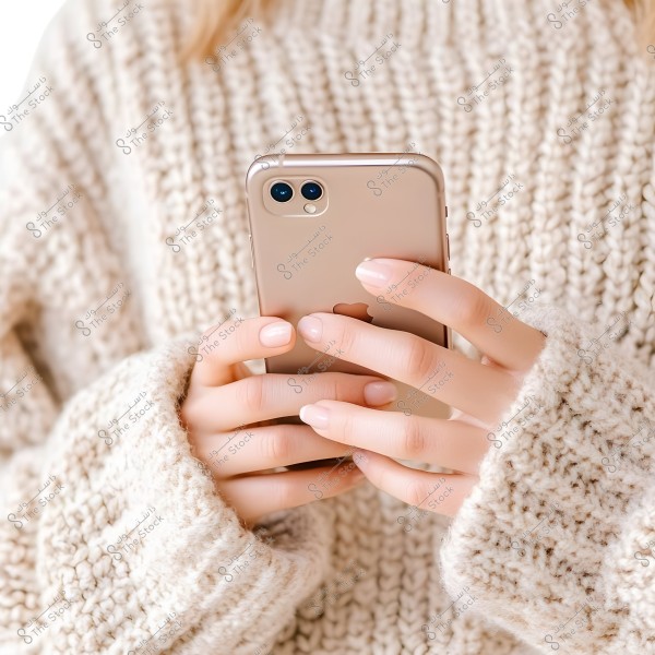 A person wearing a light beige knitted sweater is holding a gold-colored smartphone with both hands. The fingernails are painted with a light nail polish. The image focuses on the hands and the phone, giving a sense of warmth and comfort.