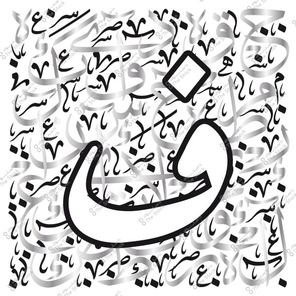 صورة تحتوي على تشكيل فنون خط عربي باللونين الأبيض والأسود يظهر فيها حرف نون كبير مع تنوع في أشكال الحروف المحيطة.