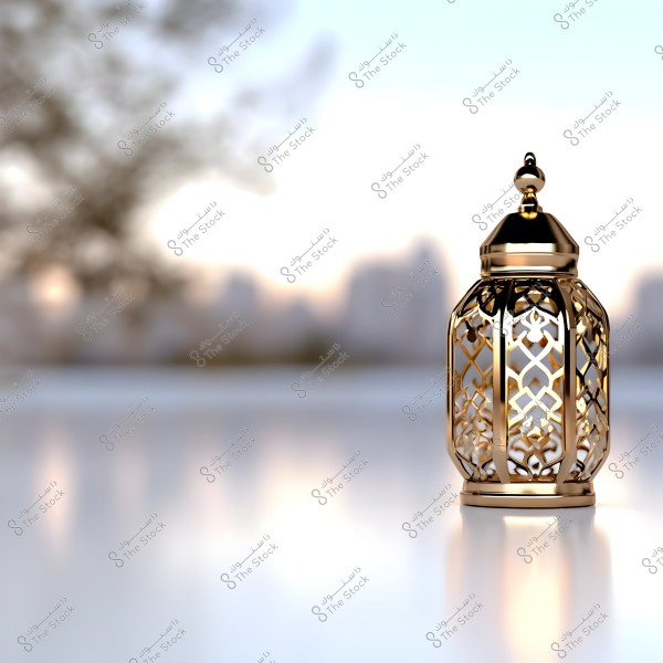 A detailed golden lantern with geometric patterns placed on a reflective surface, set against a blurred background giving a warm glow reminiscent of sunset or sunrise. A soft light shines from within the lantern, enhancing the aesthetic appeal.