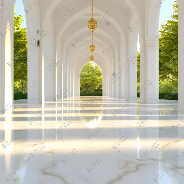 A covered corridor with white arches and a polished marble floor reflecting the lights. Three golden chandeliers with intricate designs hang from the ceiling. Dense green trees are seen in the background under a clear blue sky.