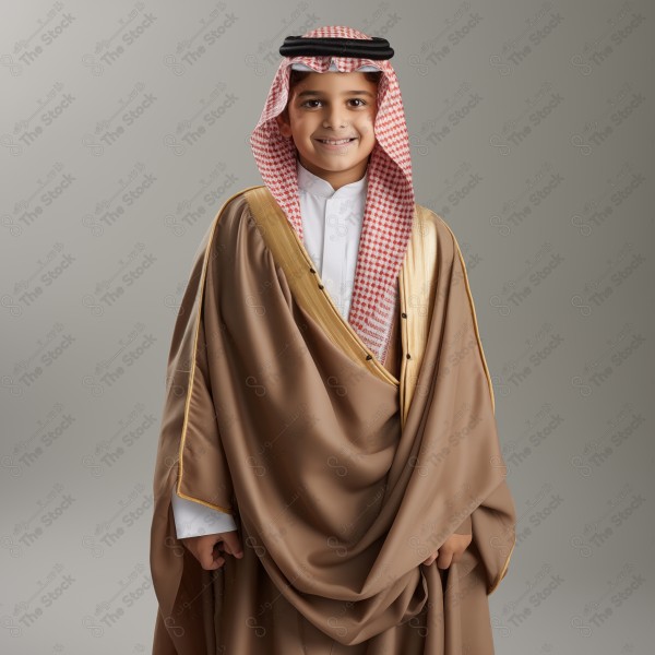 A child wearing Mishlah, traditional saudi clothing, a thobe, National Day, Founding Day, through artificial intelligence.