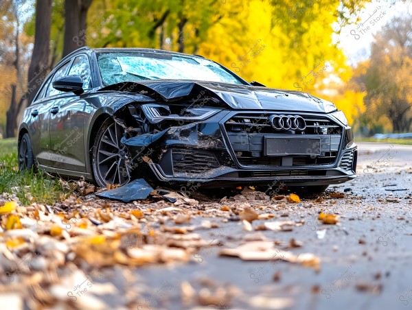 An image of a black Audi car involved in an accident on a road. The front of the car shows significant damage with the front bumper shattered. The ground is covered with scattered leaves, and the background features trees with green and yellow leaves, suggesting an autumn setting.