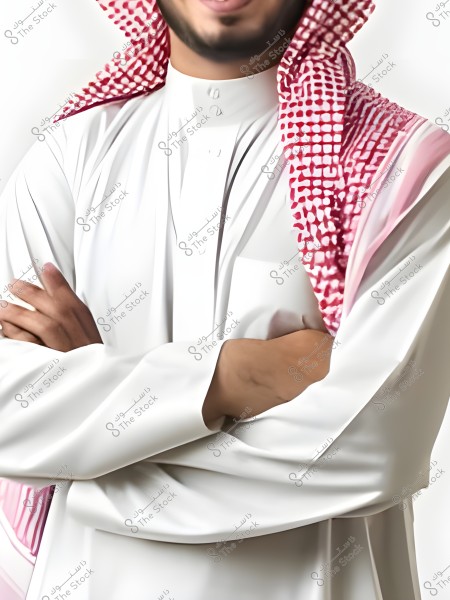 Image of a man wearing a traditional Gulf white thobe and a red and white keffiyeh. He stands with arms crossed, with a white background.