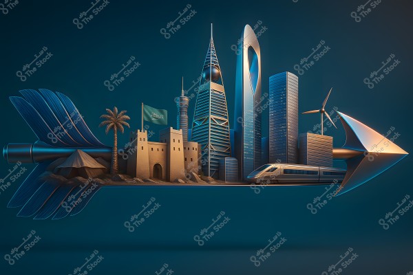 A 3D illustration of an arrow featuring a blend of modern and historical architectural landmarks from Saudi Arabia. The image includes the Al Faisaliah Tower, Kingdom Tower, and other landmarks, alongside a modern train, wind turbine, and symbolic elements like palm trees and tents. This image represents both progress and heritage.