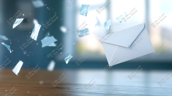 Image of an open white envelope flying in the air with scattered pieces of paper around it. The background is blurred, showing a window letting natural light into the room.