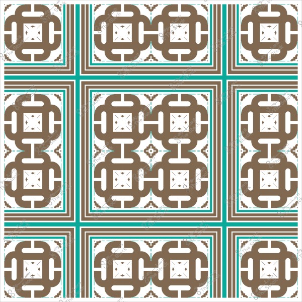 Intricate geometric pattern in brown, green, and white, featuring intersecting lines and repetitive geometric shapes.