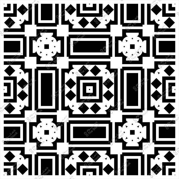 تصميم زخرفي هندسي باللونين الأبيض والأسود يتضمن أشكالاً مربعة ومستطيلة ومتكررة.