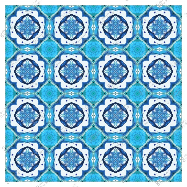 نمط فسيفساء إسلامي باللونين الأزرق والأبيض يحتوي على أشكال زهرية وهندسية متكررة.