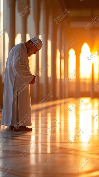 ** Image of a man wearing a traditional white robe, standing in a bright indoor space with architectural columns and sunset lighting. The man stands in a posture of prayer or contemplation, with a clear focus amidst the shiny floor.\r\n\r\n- **