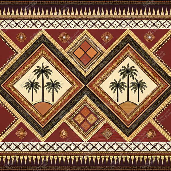 تصميم تقليدي بنمط سعودي مميز يظهر أشجار النخيل داخل أشكال هندسية متعددة الألوان. تبرز الألوان الحمراء, السوداء, والعاجية في اللوحة مع تفاصيل معقدة وبروز الأشكال المثلثية والحلزونية.