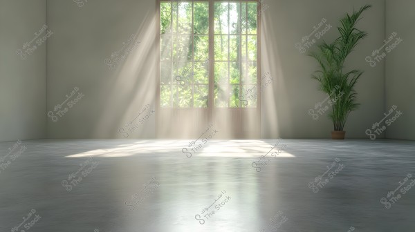 An empty room with natural light streaming through a large window. Sun rays pass through the glass, casting shadows on the floor. A tall plant is placed in the corner, adding a touch of nature to the simple and tranquil space.