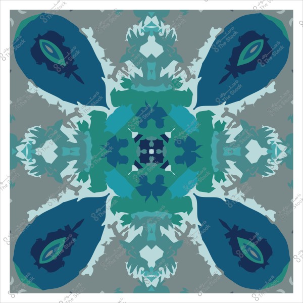 تصميم فنّي تجريدي بألوان زرقاء وخضراء على خلفية رمادية.