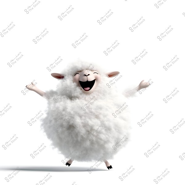 A cartoon illustration of a happy sheep with thick white wool and a big smile. The sheep is raising its arms as if leaping joyfully, set against a pure white background.